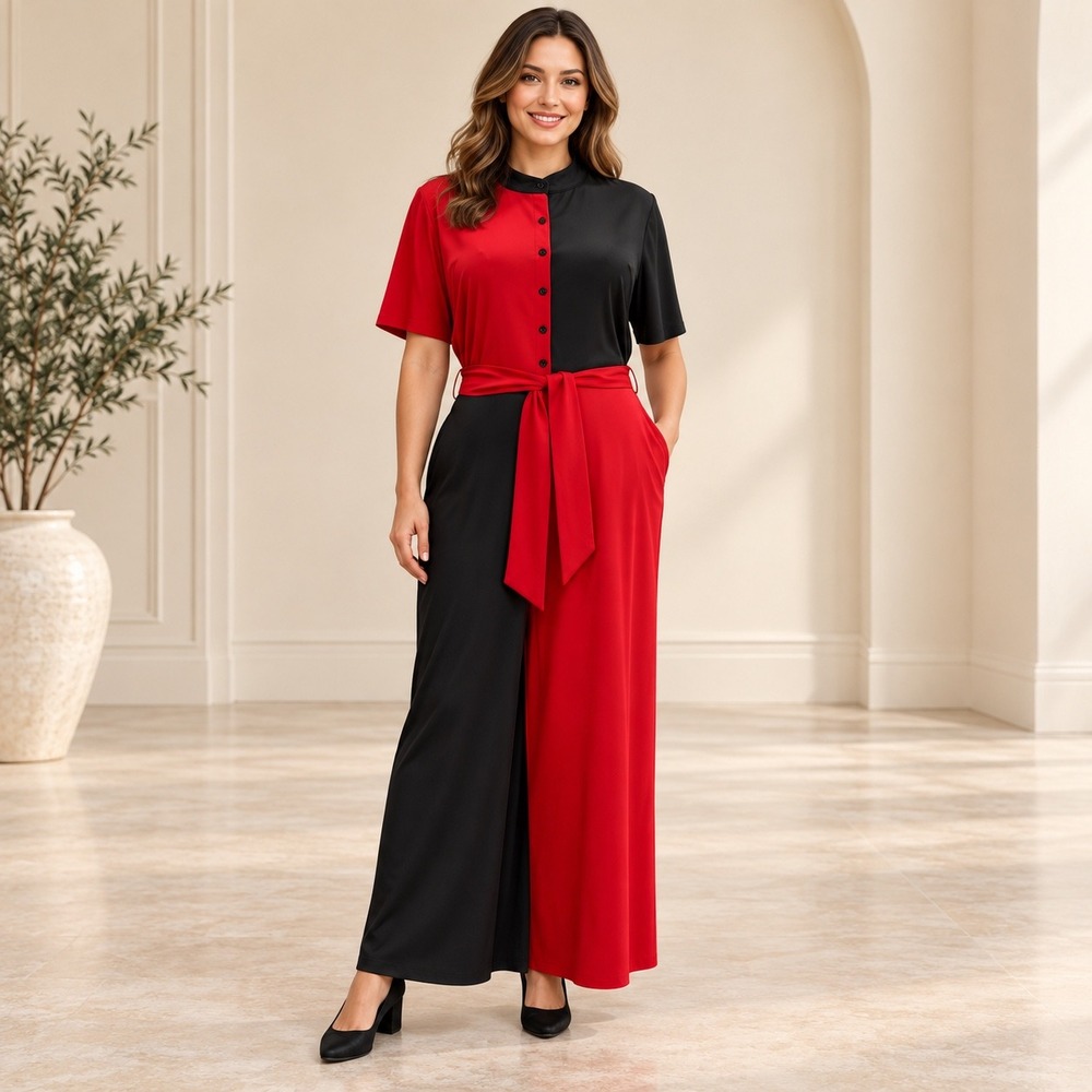 Red Black Colorblock Wide Leg Jumpsuit XL Belted Pockets 70s Retro Statement Mod